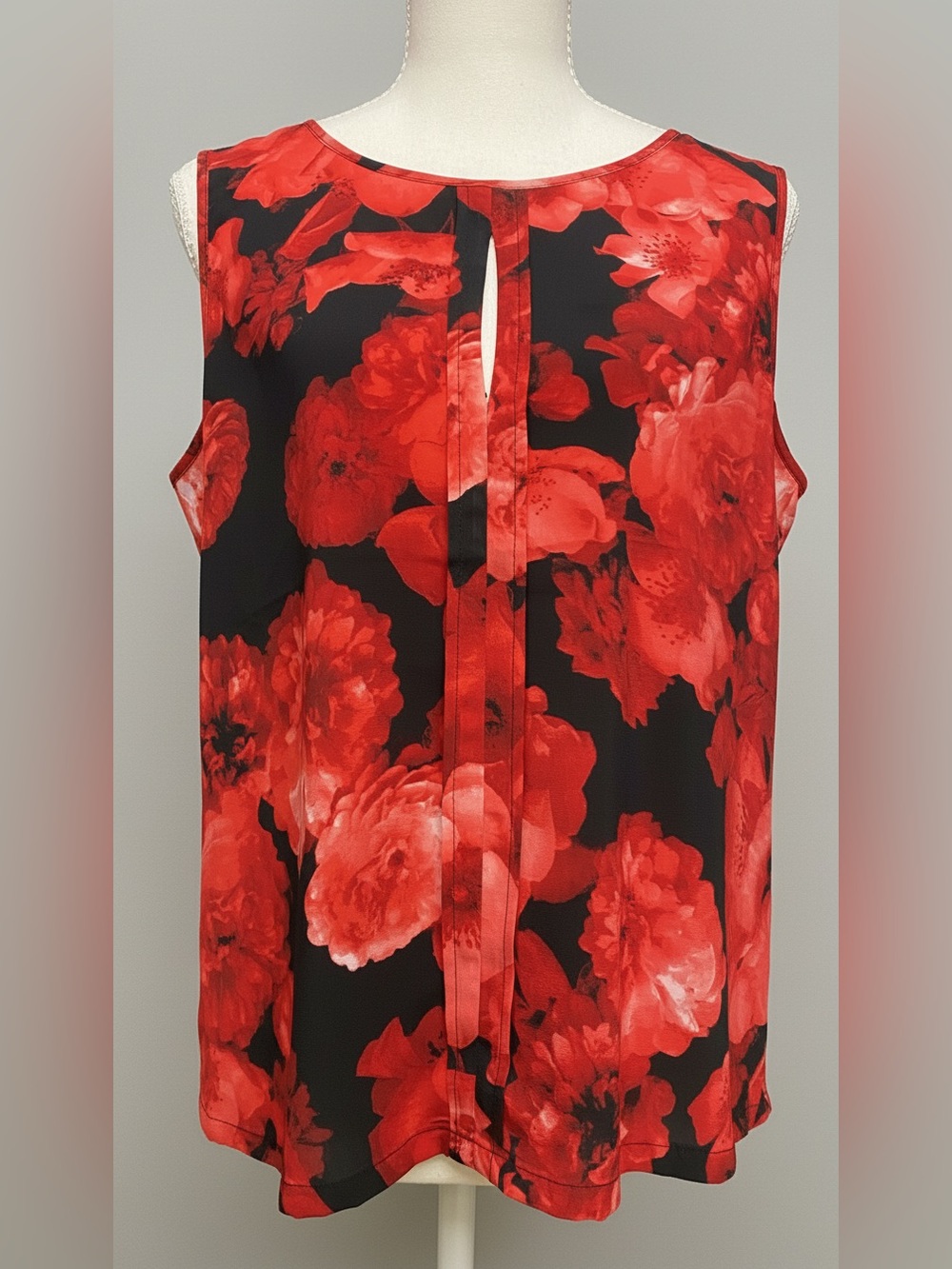 Calvin Klein Floral Sleeveless Blouse Red Black Keyhole Back Size Medium